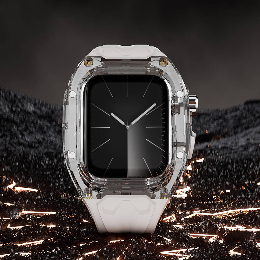 Wiwu Wi-WB013 Rambo Serisi Apple Watch 42/44/45mm Uyumlu 2in1 Şeffaf PC Kasa Koruyuculu Kauçuk Kordon Wiwu Wi-WB013 Rambo Serisi Apple Watch 42/44/45mm Uyumlu 2in1 Şeffaf PC Kasa Koruyuculu Kauçuk Kordon